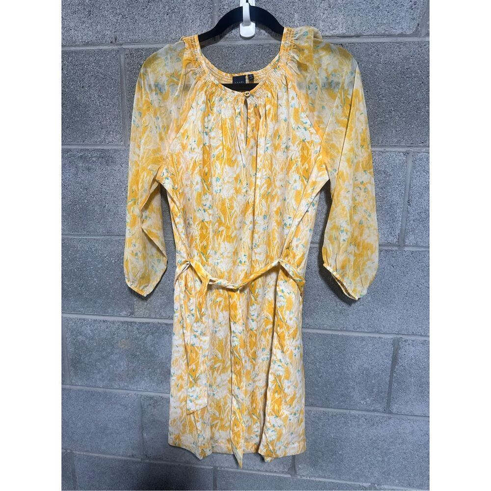 Kaari Women's Floral Print Long Sleeve Dress Sz L Yellow Keyhole Neck Tie Waist
